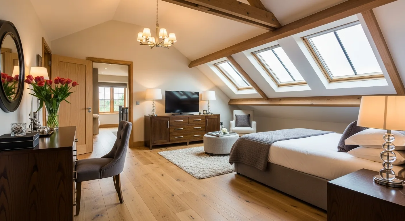 Combles aménagés en chambre lumineuse avec fenêtres de toit